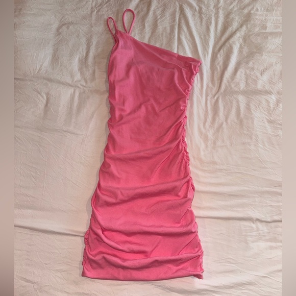 Princess Polly Pink Ribbed Ruched Bodycon One Shoulder Mini Dress Size 6 - Picture 1 of 5